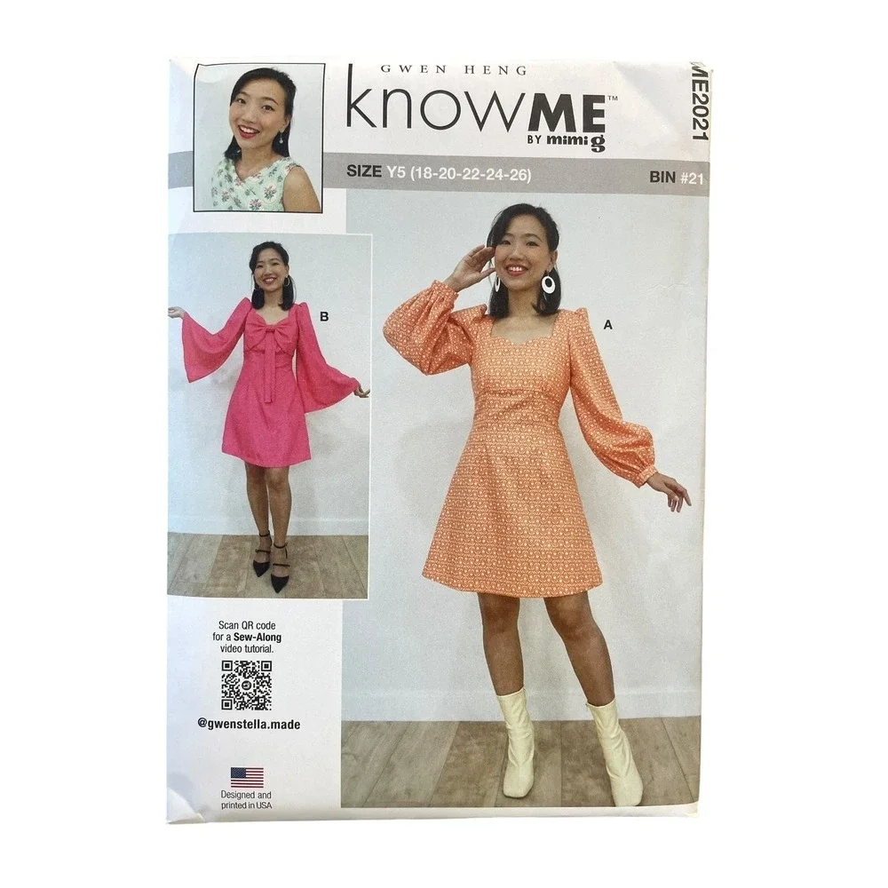 KNOWME ME2021 Dress Pattern Misses Size Y5 18-26 Puff Bell Sleeve Bow Modern